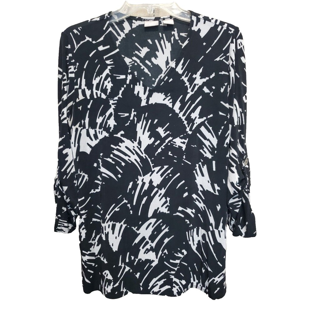 Chico's Travelers Black Abstract Slinky Knit Roll-Tab Sleeve Tunic Size 1 Medium